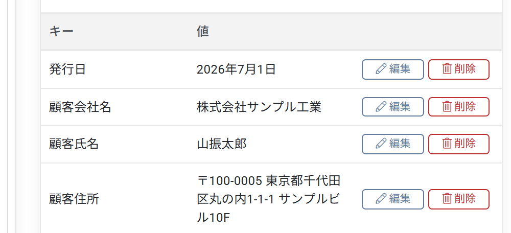再解析後の項目名一覧。関連する項目もまとめて「顧客会社名」「顧客氏名」「顧客住所」へ自動で置き換わっている。